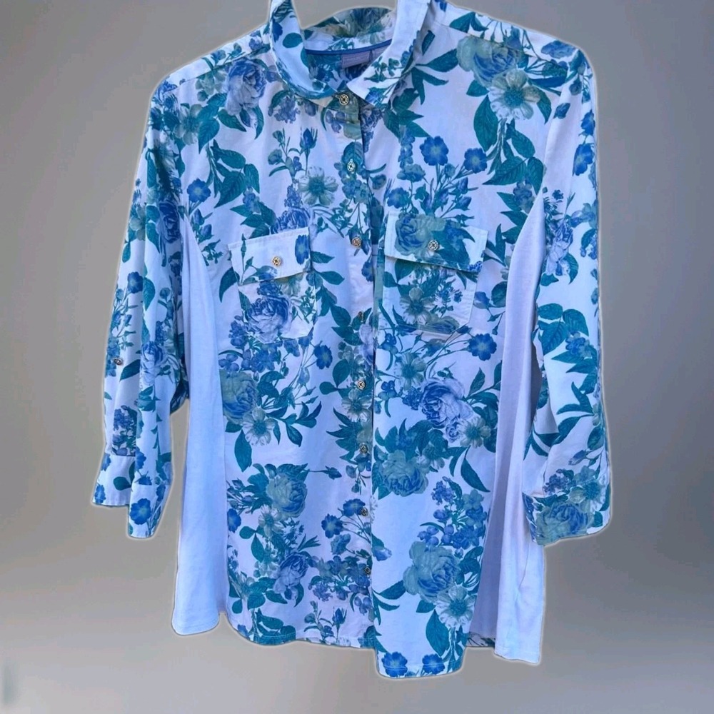 Women's Laura Scott Size 3X Button Down Top Blouse Floral Shirt Mixed Media